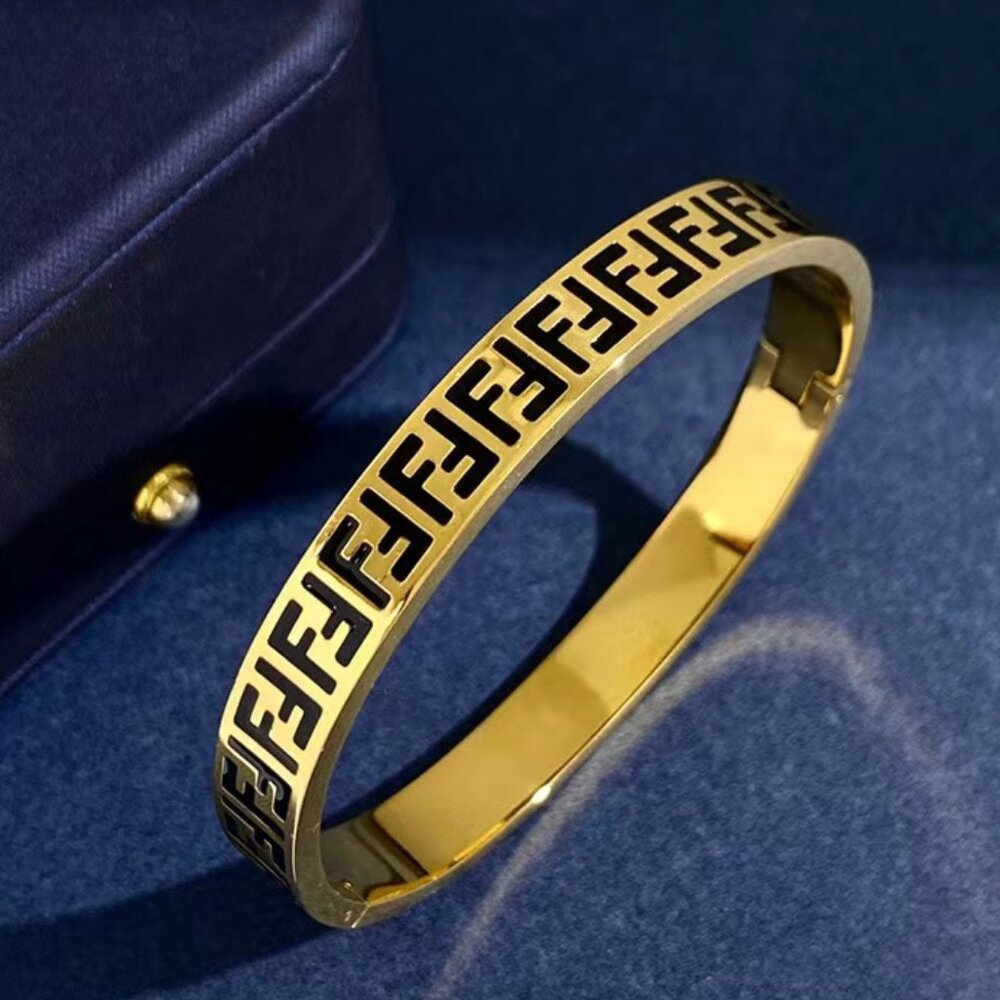 18K Gold Plated Titanium Steel Double F Design Bangle, Black Lettering